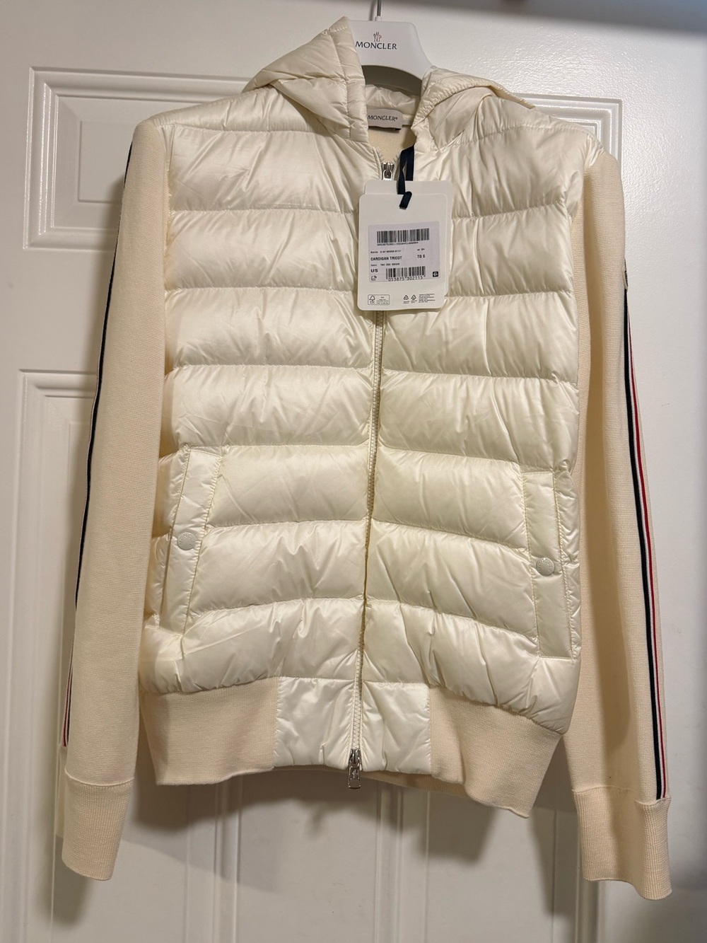 Moncler Cream Quilted Hoodie with Stripe-Trim Sleeves